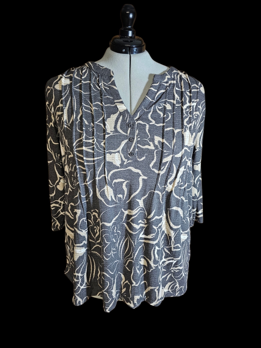 Fred David Black & Cream Floral Pleated V-Neck Tunic